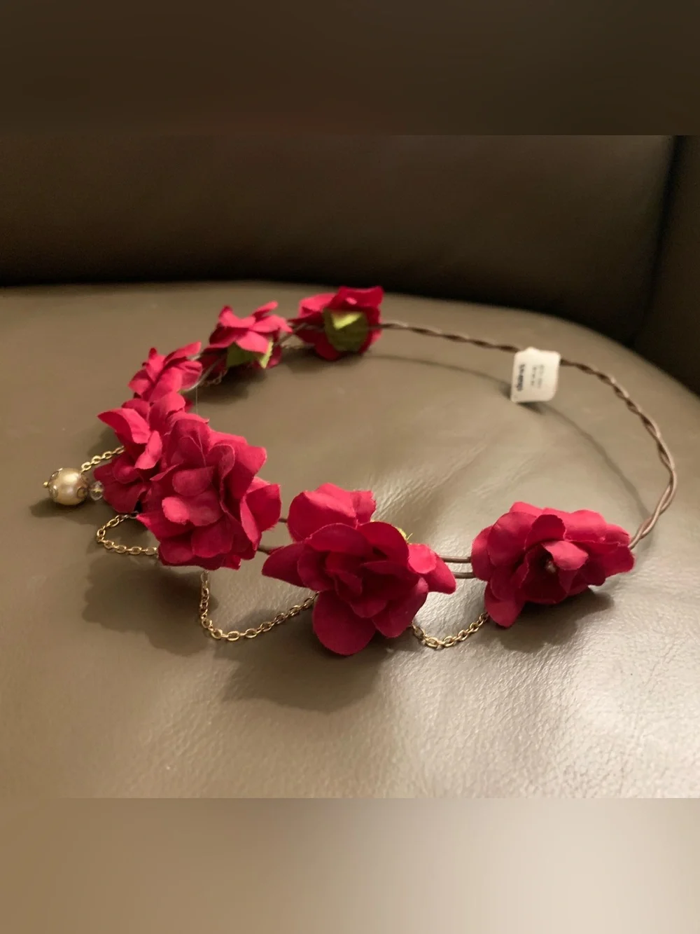 Red Flower🌹 Crown 👑Headband with Gold Chain and Pearl Accent-Adjustable/Bendable